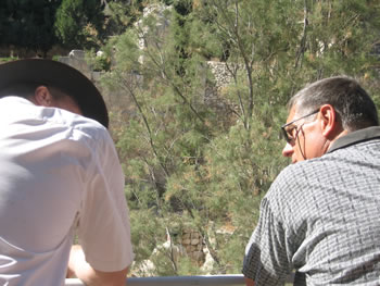 Galyn Wiemers of Generation Word and Carl Rasmussen of "Holy Land Photos" talk at the Pool of Bethesda in Jerusalem in 2007