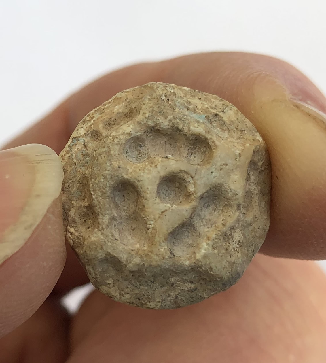 3200 BC Creme Calcite Conoid Stamp Seal with deep drilled grooves and dots