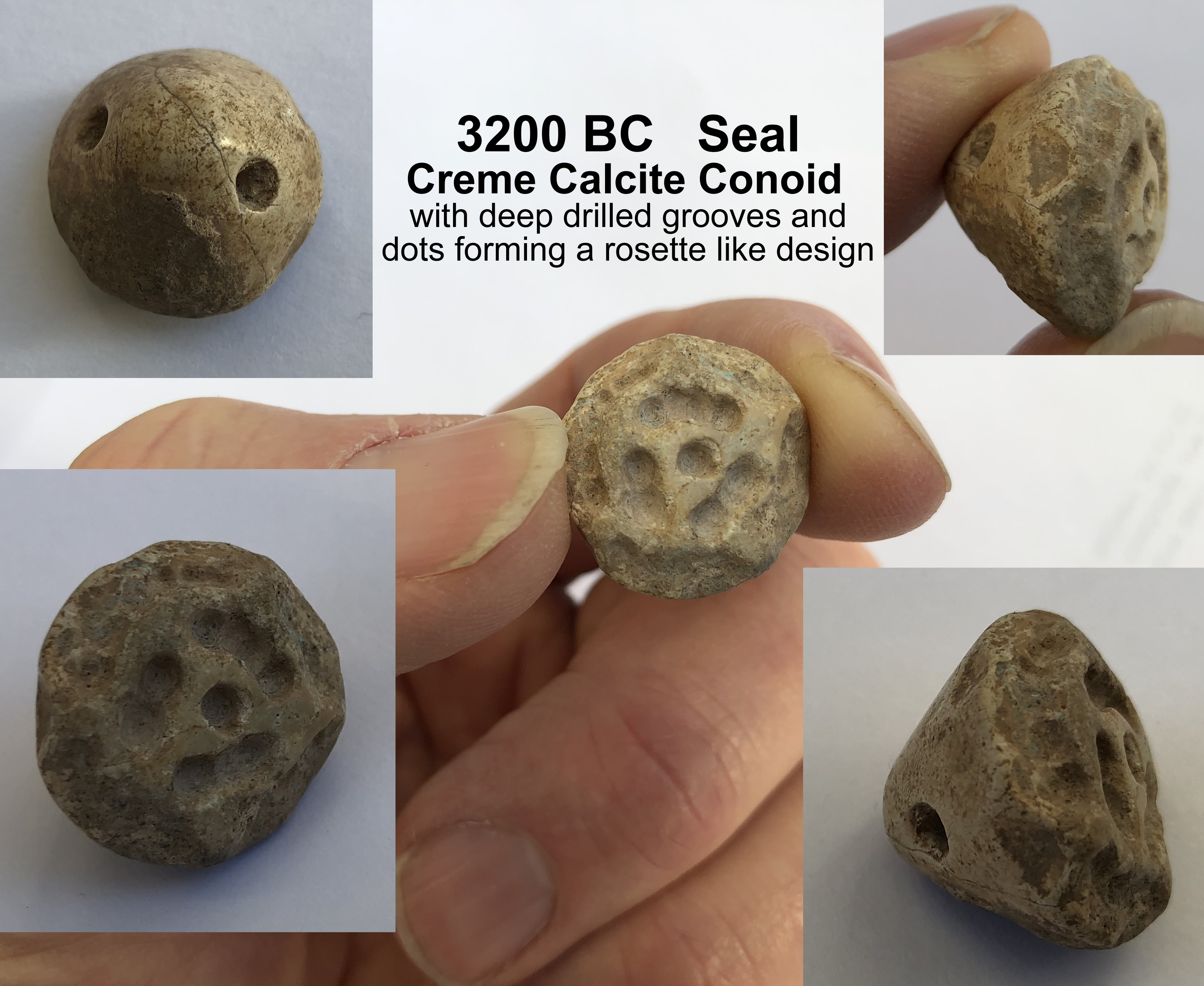 3200 BC Creme Calcite Conoid with deep drilled grooves and dots forming rosette like design image collection