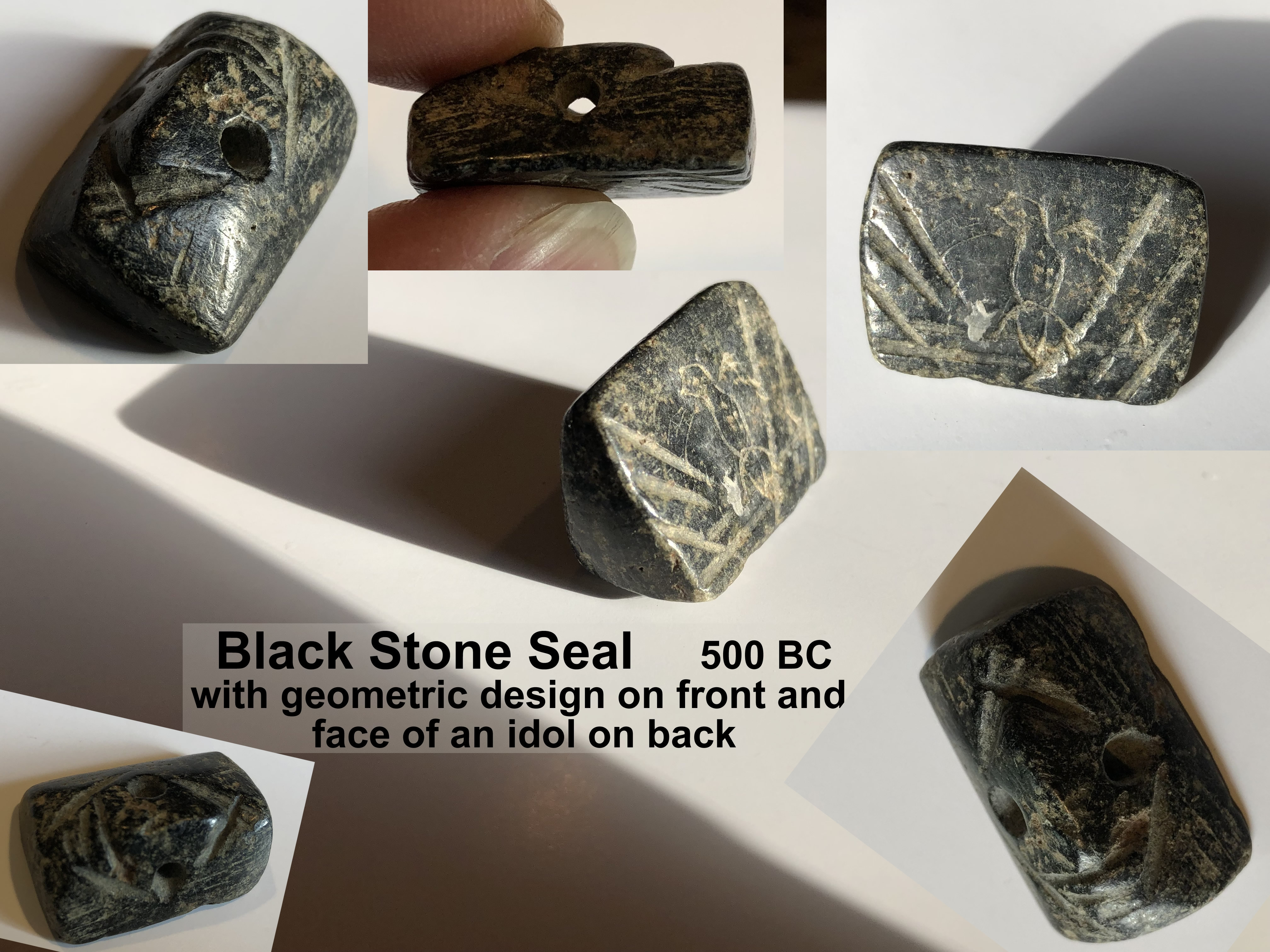 500 BC Seal Black Stone with Geometric Design on Front and Face of Idol Back group pic 2