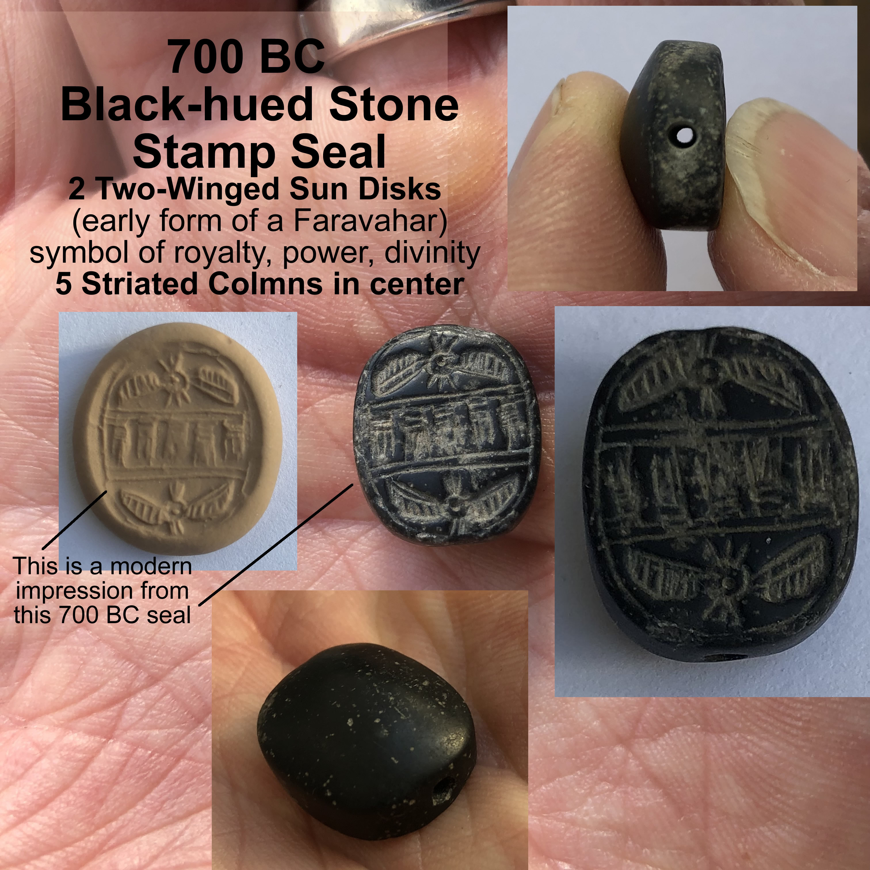 700 BC Seal in Black Hued Stone with Two Winged Sun Disc Group Pic