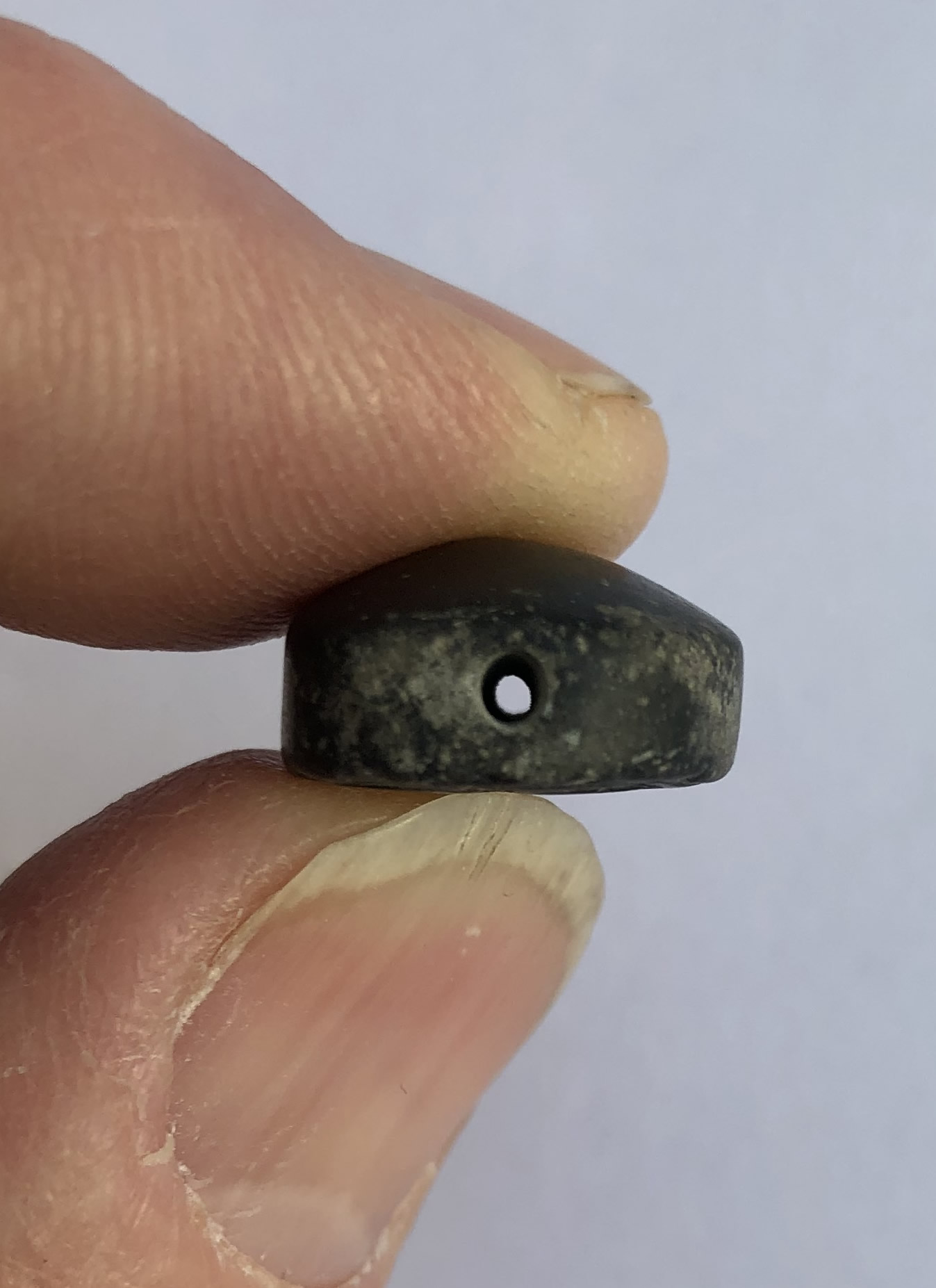 700 BC Seal in Black Hued Stone with Two Winged Sun Disc Suspension Hole