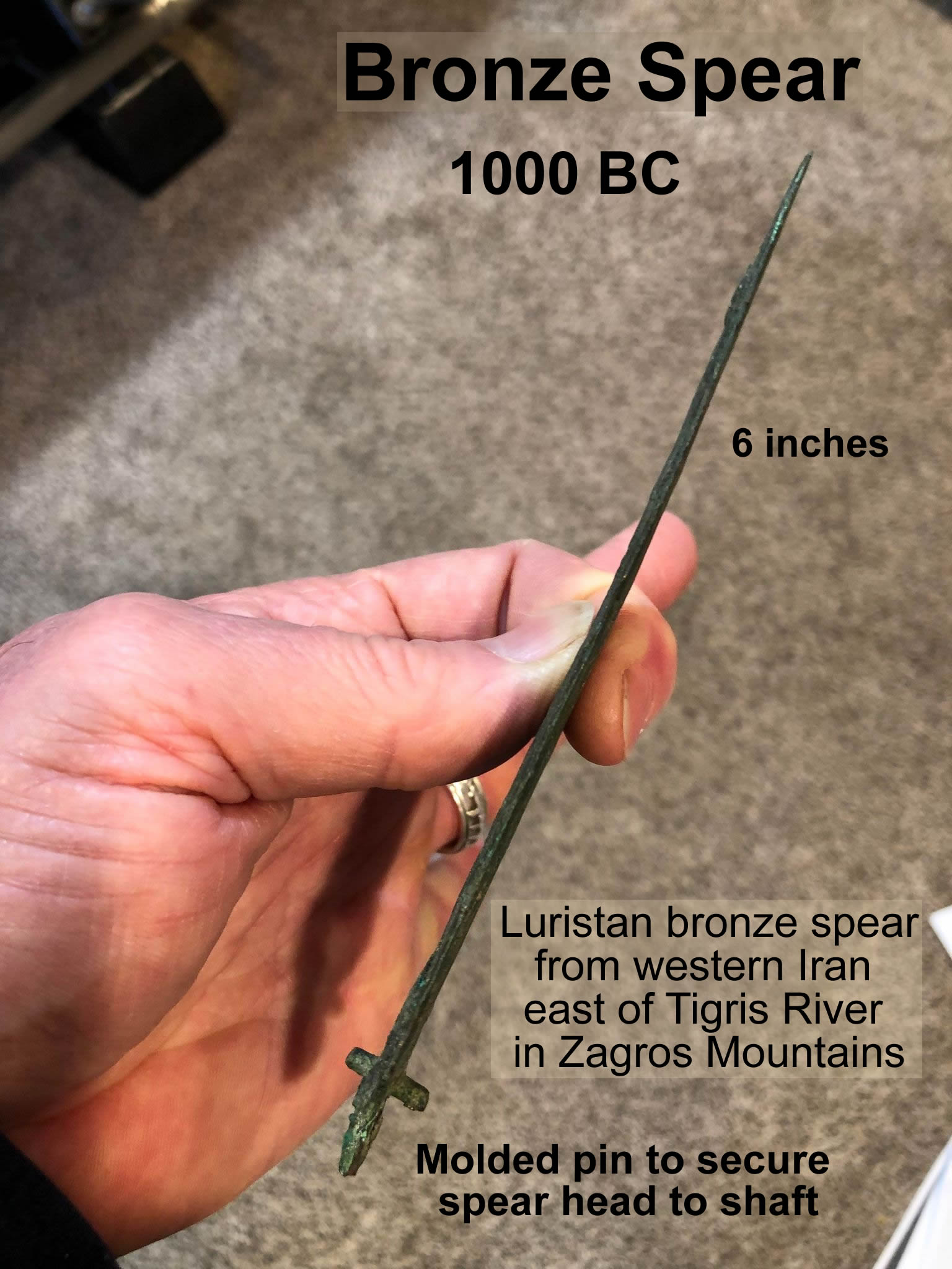 1000 BC Bronze Spearhead 2 view of blade edge and pins with text